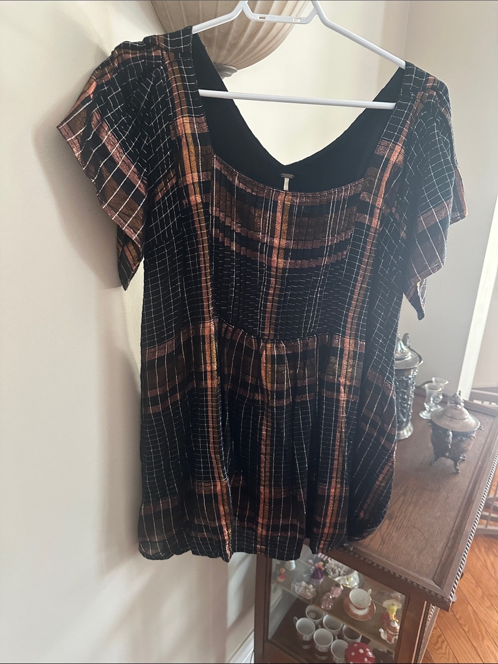 Free People Black and Rust Plaid Babydoll Tunic